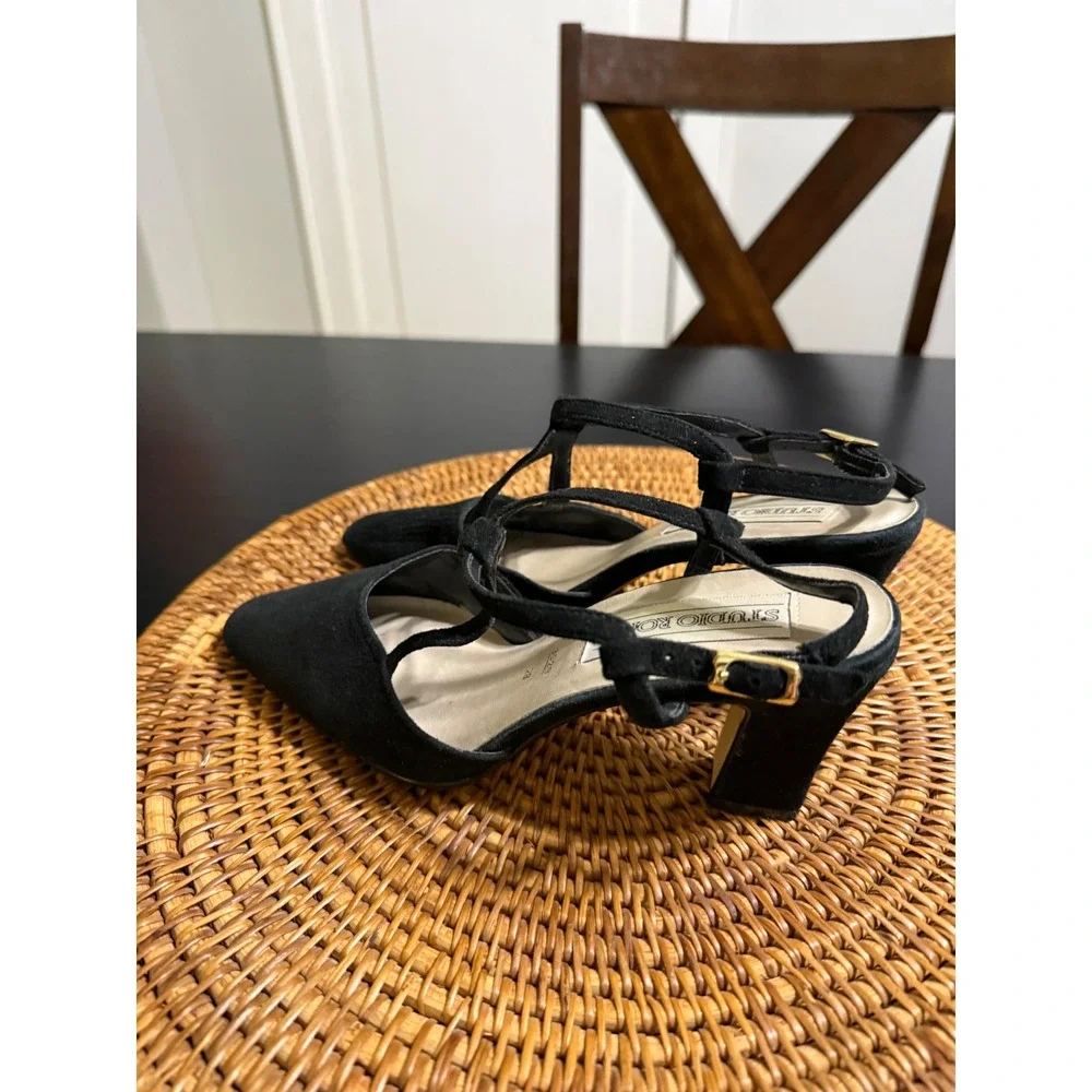 Studio Roma Black Suede Slingback Pumps T-Strap Block Heel Brazil Size 6.5 36